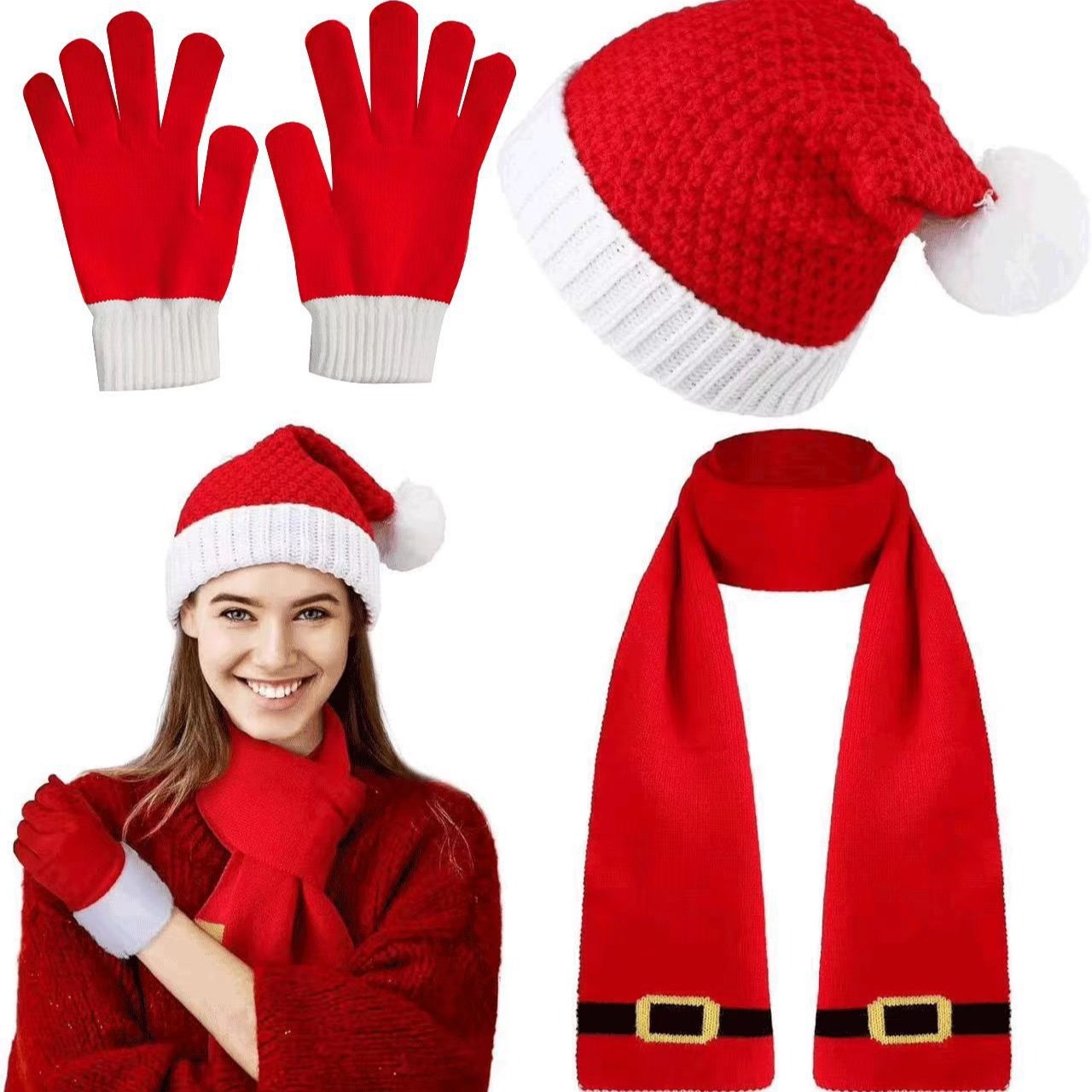 2/3Pcs Set Christmas Hat Scarf Gloves Set for Women