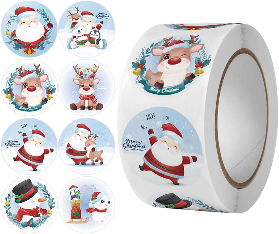 500 Pieces Merry Christmas Gift Card Stickers Round Label - 8 Pattern 1.0 Inch 