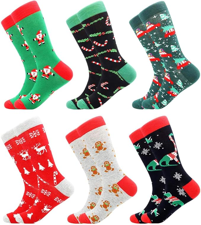 6 Pairs Men's Christmas Socks Set for Size EU 41-46.