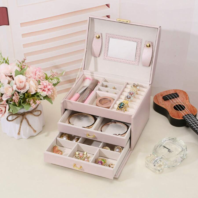 3-Layers PU Leather Jewelry Storage Box Dual Lockable Drawers