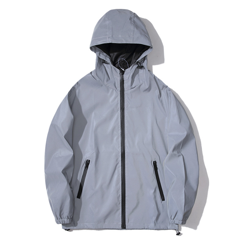 Men Night Reflective Jackets Double Fabric Windbreaker Hooded Jacket Hip Hop Dancer Singer Waterproof Zipper Coats