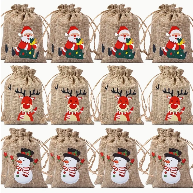 24pcs Christmas Gift Bags with Drawstring Closure - Santa, Reindeer, Snowman Designs