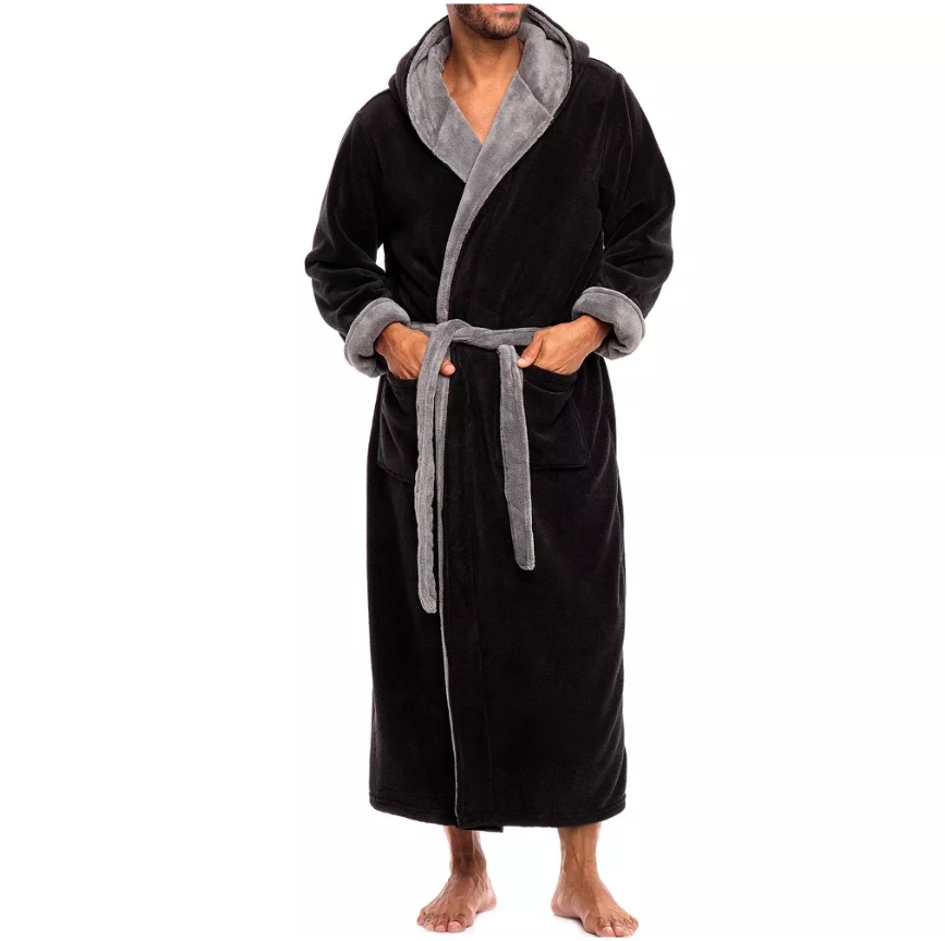 Bath Robe Men Hooded Winter Sleepwear Thicken Warm Solid Men'S Long Sleeved Bathrobe Coat