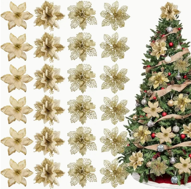 24Pcs Christmas Tree Artificial Flower Ornament with Clips 4 Design 