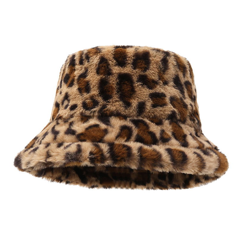 Women Winter Warm Plush Leopard Print Fuzzy Bucket Hat