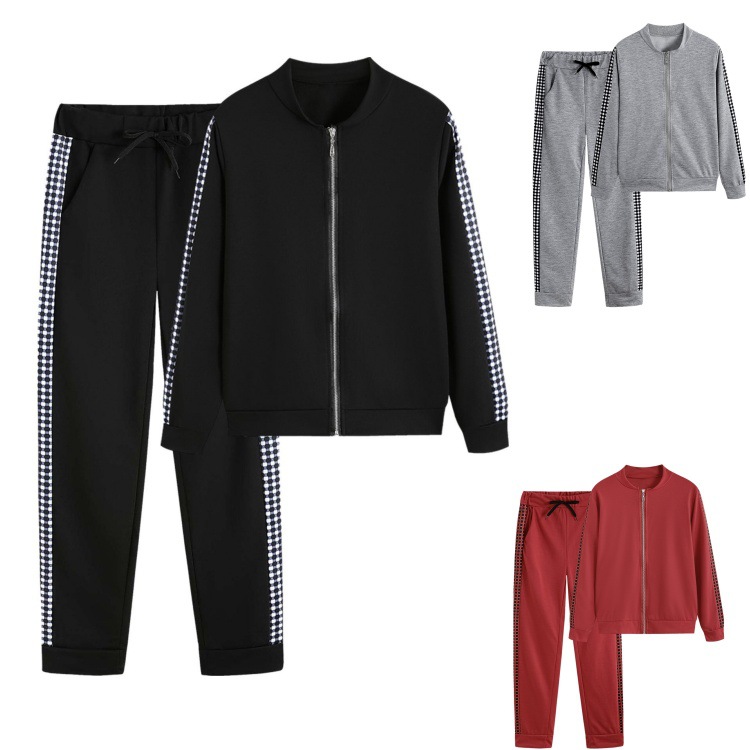 2 Piece Casual Plaid  Long Sleeve Zip up Jogger Sportswear Sets