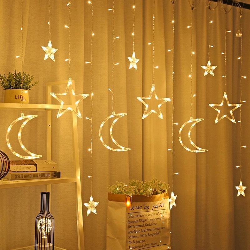 LED String Lights - 3.5m Star Moon LED Curtain Lights with 8 Flashing Modes Decoration for Christmas, Wedding, Party, Home