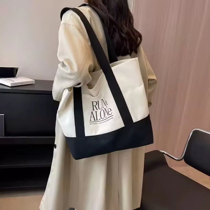 Custom Heavy-Duty Reusable Organic Cotton Color-blocking Tote Bag with Handle Personalized Pattern Canvas Tote Bag